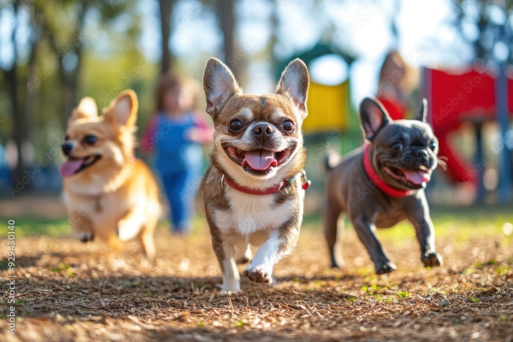 A group of three small dogs, a Chihuahua, a Pomeranian, and a French bulldog, playing together in a colorful park with children in the background. copy space , ai A group of three small dogs, a Chihuahua, a Pomeranian, and a French bulldog, playing together in a colorful park with children in the background. copy space , ai