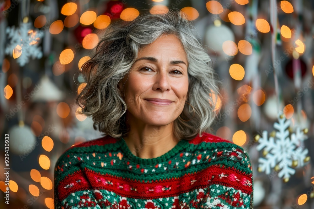 Smiling Woman in a Festive Sweater Posing in Front of Holiday Lights and Decorations Smiling Woman in a Festive Sweater Posing in Front of Holiday Lights and Decorations