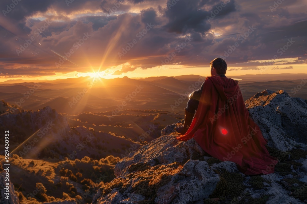 A person wearing a bright red cape sits at the summit of a mountain, looking out at the breathtaking view A person wearing a bright red cape sits at the summit of a mountain, looking out at the breathtaking view