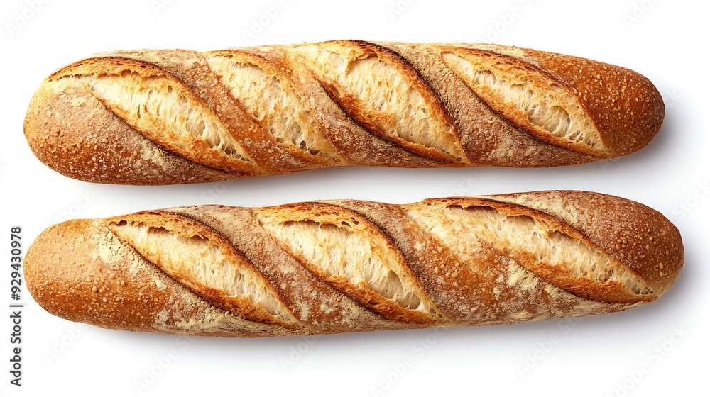 Top view slices baguette multigrain bread line up in a row isolated on white background : Generative AI Top view slices baguette multigrain bread line up in a row isolated on white background : Generative AI