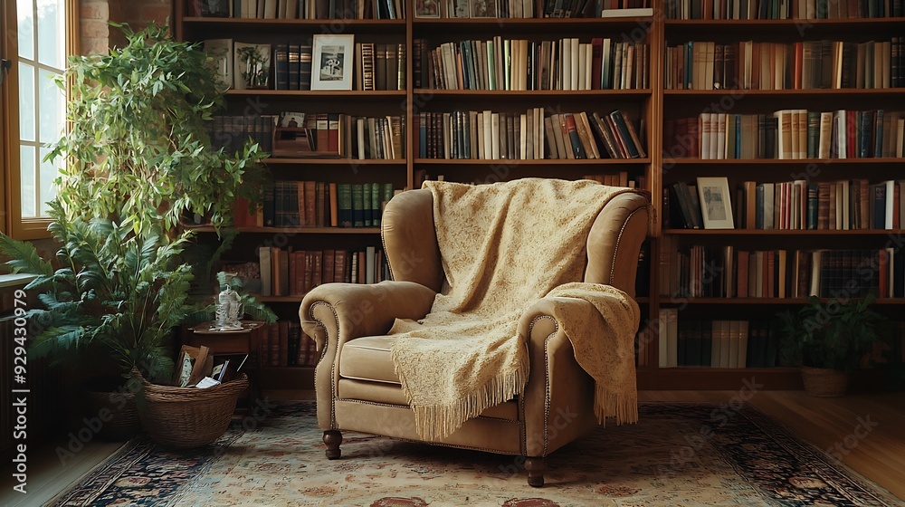 Cozy home library interior with comfortable furniture and collection of different books on shelves : Generative AI Cozy home library interior with comfortable furniture and collection of different books on shelves : Generative AI