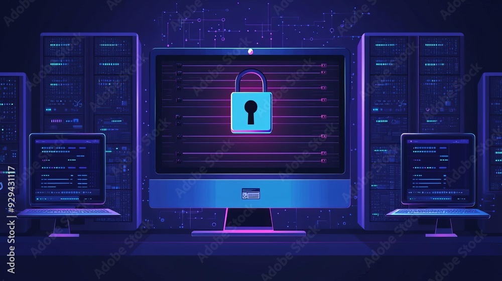 Fototapeta premium Cyber Security Firewall Protection Prevention Tools A digital firewall represented as a glowing holographic shield