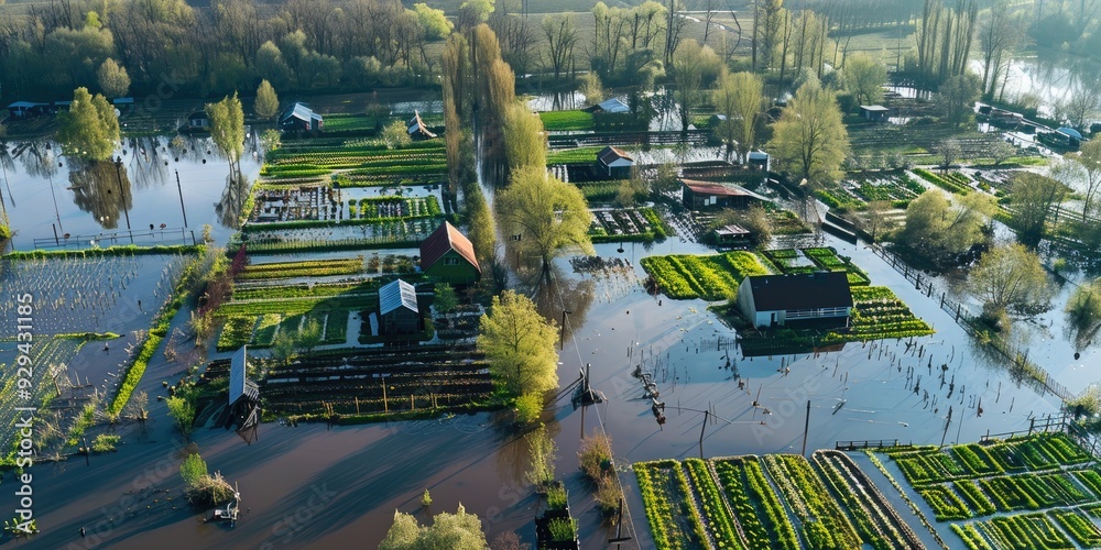 Spring Flood Aerial view of country garden plots inundated by spring floods in April ...