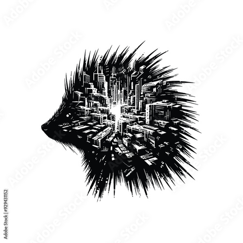 silhouette of porcupine, filled with destroyed futuristic dystopia environment in rough drawing,