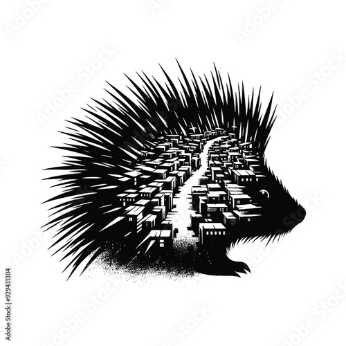silhouette of porcupine, filled with ghetto street in rough drawing,