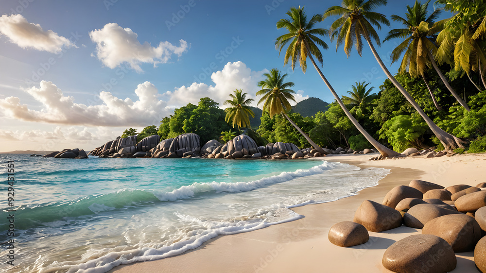 beach with coconut palm trees Seychelles beach with coconut palm trees Seychelles