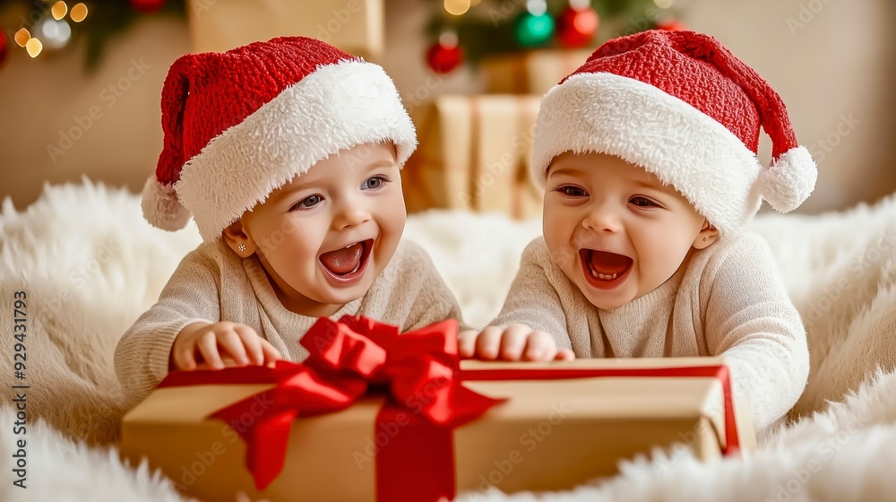 Two Joyful Babies in Christmas Hats Opening a Gift by the Decorated Tree Two Joyful Babies in Christmas Hats Opening a Gift by the Decorated Tree