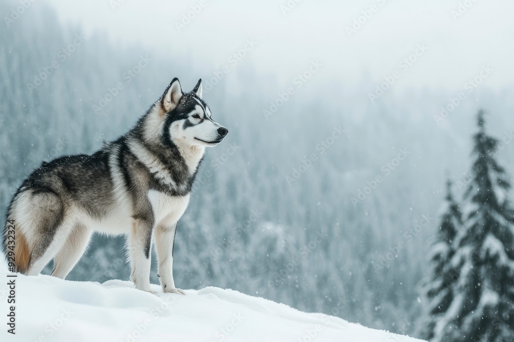 A Siberian Husky standing in a snowy landscape, its thick fur contrasting against the white snow, with pine trees in the background. copy space , ai A Siberian Husky standing in a snowy landscape, its thick fur contrasting against the white snow, with pine trees in the background. copy space , ai