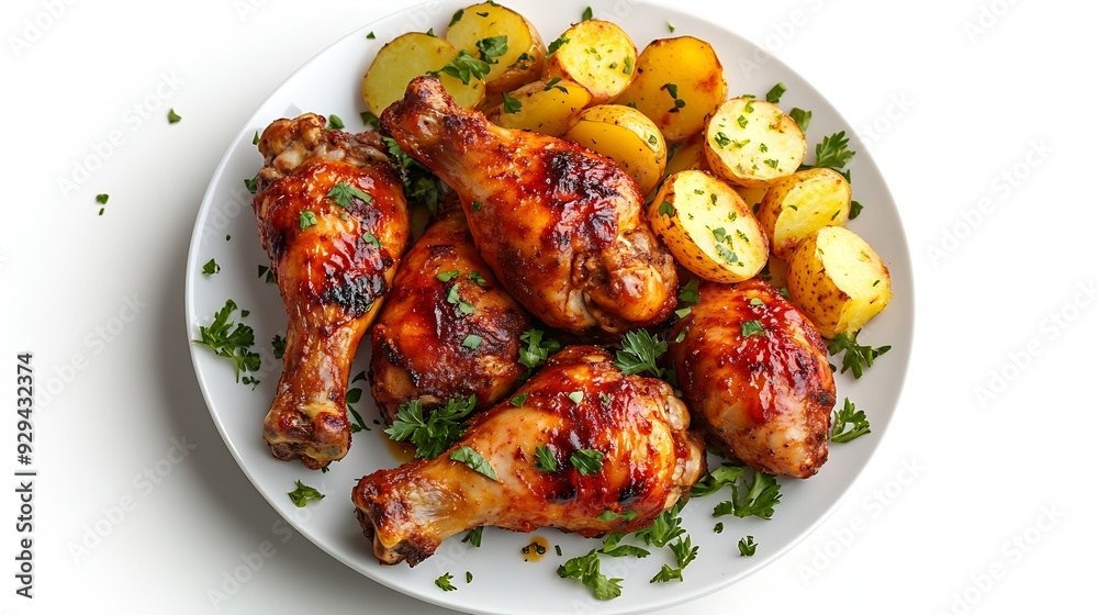 plate of baked chicken leg with potato isolated on white background top view : Generative AI