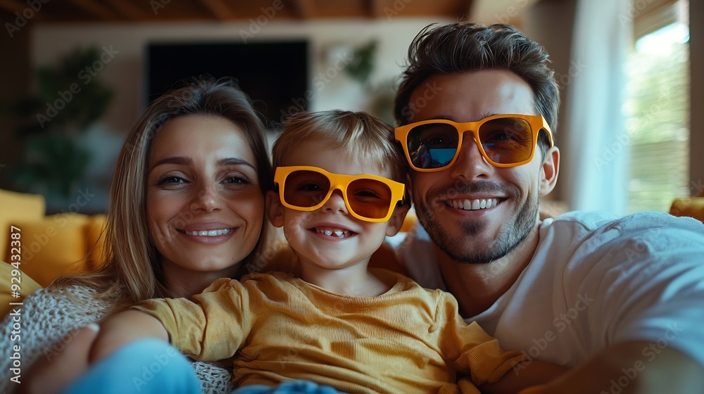 Cheerful family with little child in casual clothes and 3d glasses sitting on comfortable sofa in living room together : Generative AI Cheerful family with little child in casual clothes and 3d glasses sitting on comfortable sofa in living room together : Generative AI
