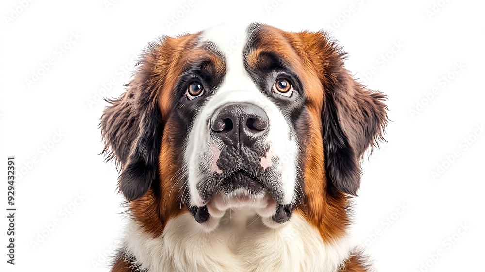 Saint St Bernard dog Canis lupus familiaris a very large breed of domestic animal from the Western Alps in Italy and Switzerland isolated on white background looking at camera full f : Generative AI Saint St Bernard dog Canis lupus familiaris a very large breed of domestic animal from the Western Alps in Italy and Switzerland isolated on white background looking at camera full f : Generative AI