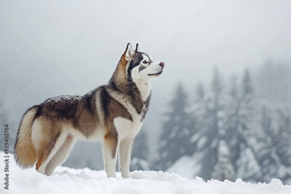 Naklejka premium A Siberian Husky standing in a snowy landscape, its thick fur contrasting against the white snow, with pine trees in the background. copy space , ai