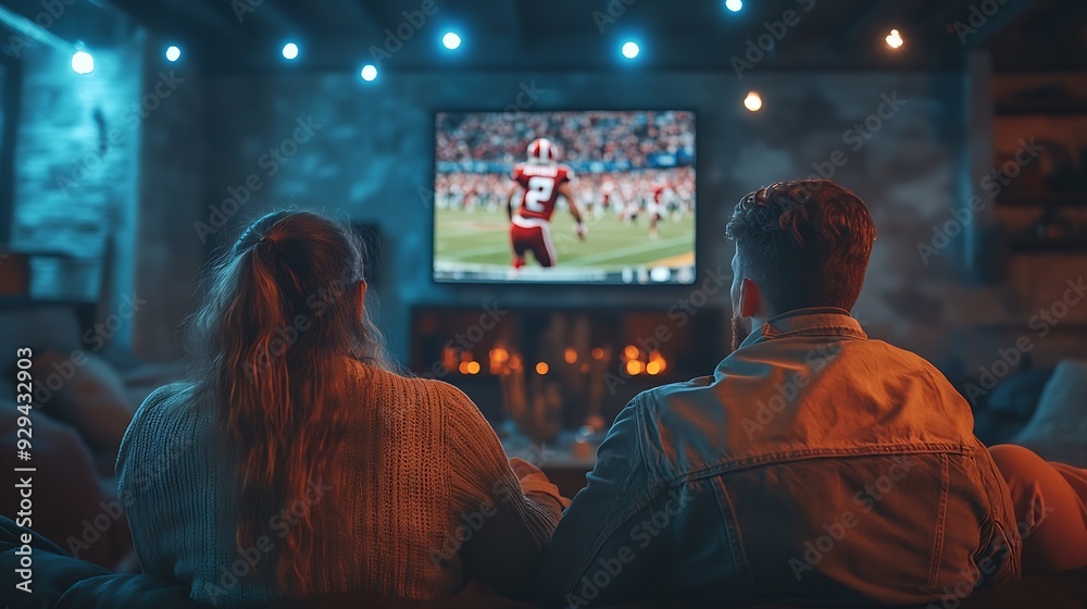 Live stream game Group of friends sitting in front of huge 3D model of TV screen at home interior and watching online broadcast of american football match Presence effect : Generative AI Live stream game Group of friends sitting in front of huge 3D model of TV screen at home interior and watching online broadcast of american football match Presence effect : Generative AI