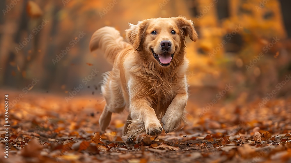 Playful Golden Retriever leaps in a forest with colorful leaves falling picture Playful Golden Retriever leaps in a forest with colorful leaves falling picture