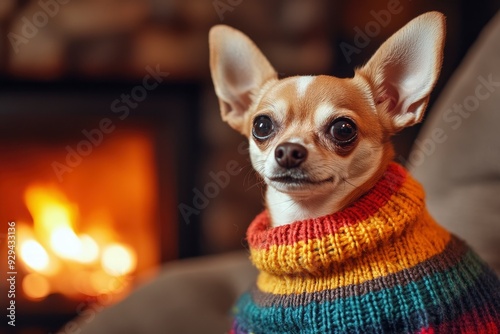 A small Chihuahua wearing a colorful sweater, sitting in a cozy living room with a fireplace subtly glowing in the background , ai