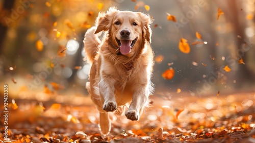 Golden retriever dog jumps with outdoor forest leaves falling picture