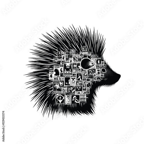 silhouette of porcupine, filled with vintage punk's poster collage wall in rough drawing,