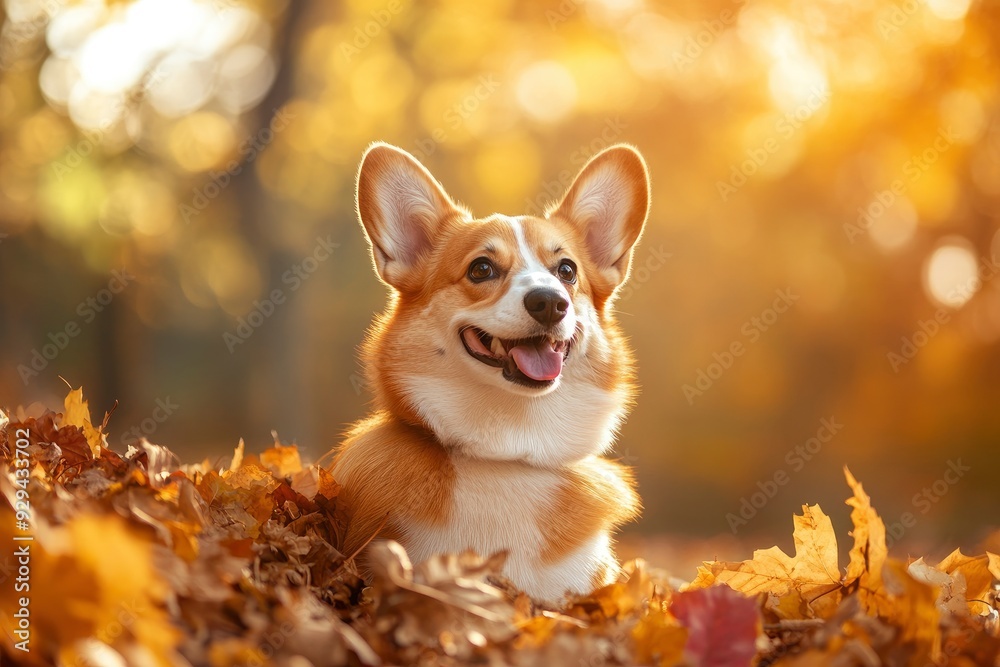 An adorable corgi sitting next to a pile of autumn leaves, with warm fall colors surrounding the scene and sunlight filtering through the trees. copy space, ai An adorable corgi sitting next to a pile of autumn leaves, with warm fall colors surrounding the scene and sunlight filtering through the trees. copy space, ai