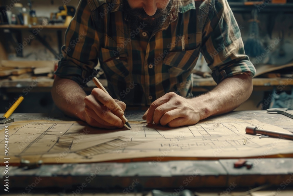 A person working on a wooden surface with a pen, focusing on their craft A person working on a wooden surface with a pen, focusing on their craft