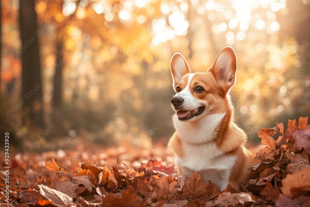 An adorable corgi sitting next to a pile of autumn leaves, with warm fall colors surrounding the scene and sunlight filtering through the trees. copy space, ai An adorable corgi sitting next to a pile of autumn leaves, with warm fall colors surrounding the scene and sunlight filtering through the trees. copy space, ai