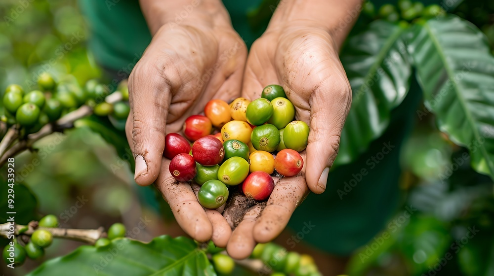 A person holding a variety of coffee cherries in their hands, showcasing agricultural produce. A person holding a variety of coffee cherries in their hands, showcasing agricultural produce.