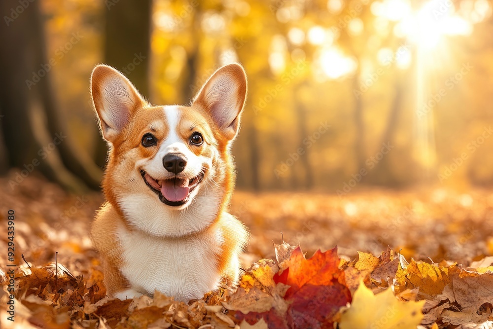 An adorable corgi sitting next to a pile of autumn leaves, with warm fall colors surrounding the scene and sunlight filtering through the trees. copy space, ai An adorable corgi sitting next to a pile of autumn leaves, with warm fall colors surrounding the scene and sunlight filtering through the trees. copy space, ai