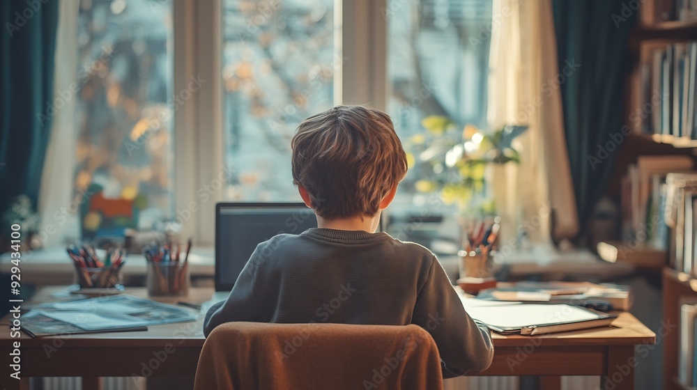 Full length back view portrait of boy doing homework at desk homeschooling concept copy space : Generative AI Full length back view portrait of boy doing homework at desk homeschooling concept copy space : Generative AI