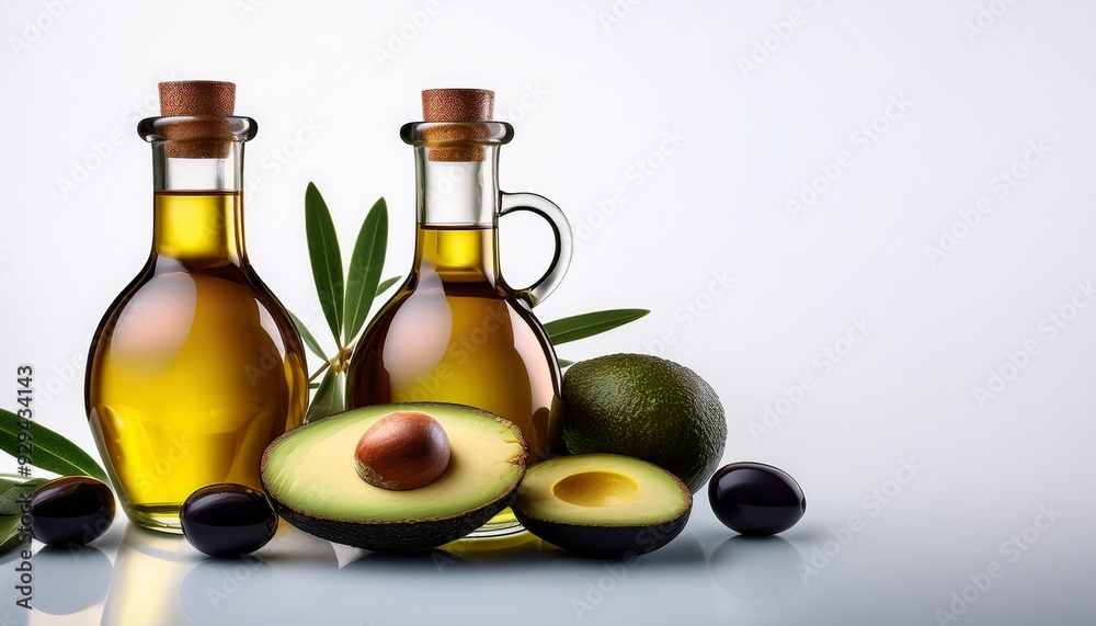 Fresh avocado oil in elegant bottles, accompanied by ripe avocados and olives, representing healthy cooking and natural ingredients. Fresh avocado oil in elegant bottles, accompanied by ripe avocados and olives, representing healthy cooking and natural ingredients.
