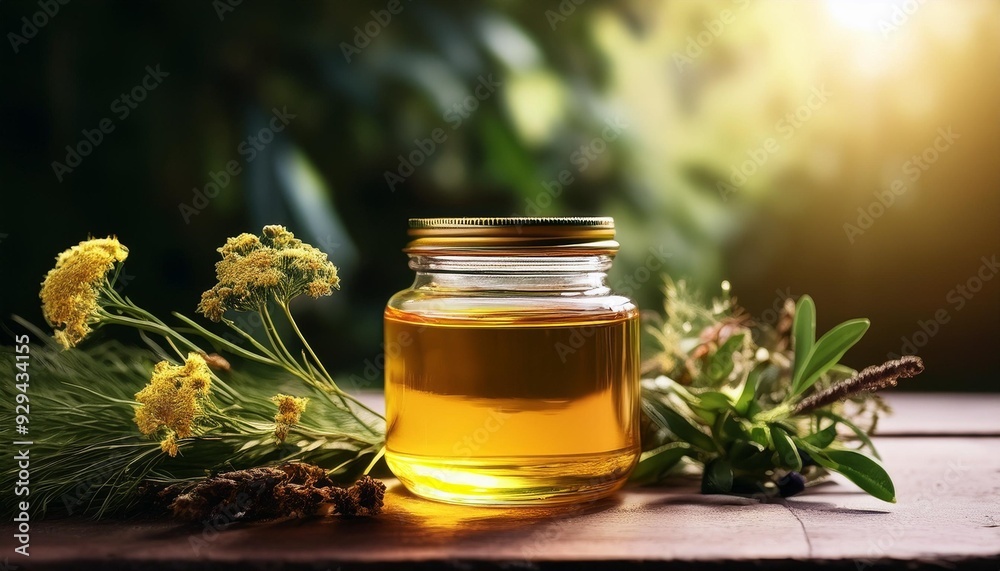 A glass jar filled with golden oil surrounded by fresh herbs and flowers, radiating warmth and natural beauty in soft sunlight. A glass jar filled with golden oil surrounded by fresh herbs and flowers, radiating warmth and natural beauty in soft sunlight.