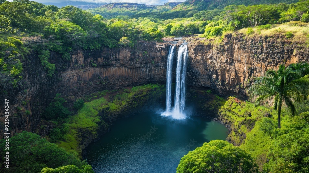 A stunning waterfall cascading into a serene pool, surrounded by lush greenery and cliffs. A stunning waterfall cascading into a serene pool, surrounded by lush greenery and cliffs.