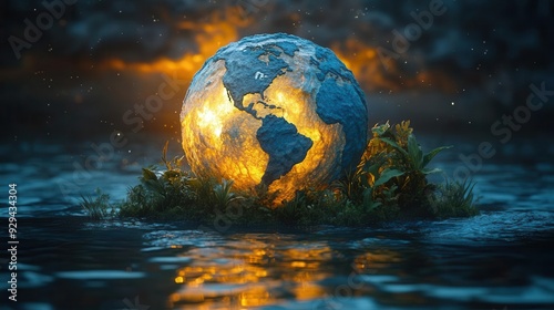 Fototapeta Naklejka Na Ścianę i Meble -  gaiainspired 3d earth sculpture lush ecosystem diorama bioluminescent details cosmic background environmental symbolism