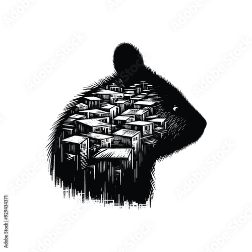 silhouette of Quokka, filled with ghetto street in rough drawing,