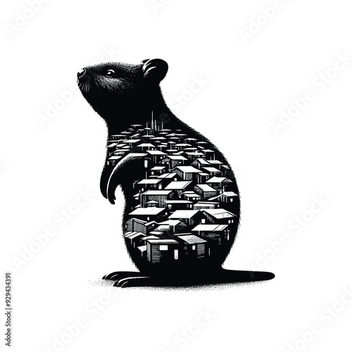 silhouette of Quokka filled with ghetto street in rough drawing,