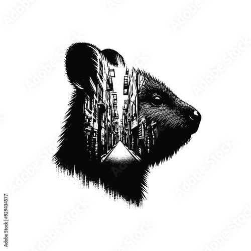 silhouette of Quokka, filled with ghetto street in rough drawing,