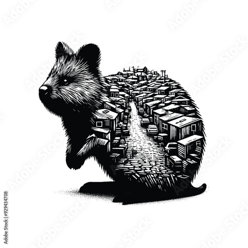 silhouette of Quokka filled with ghetto street in rough drawing,