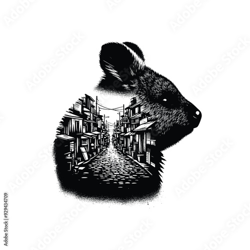 silhouette of Quokka, filled with ghetto street in rough drawing,