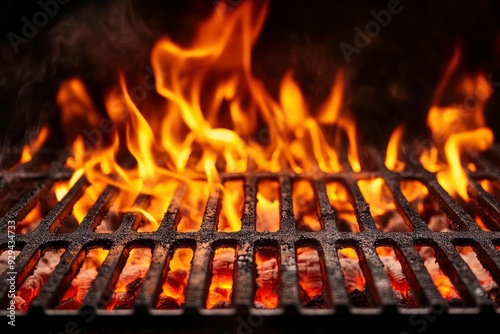 Barbecue Grill With Fire Flames - Empty Fire Grid On Black Background , ai