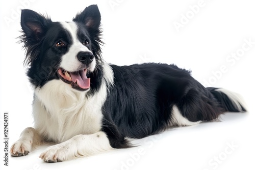 Beautiful black and white Border Collie, laying down side ways, mouth slightly open, looking towards camera, isolated on a white background , ai