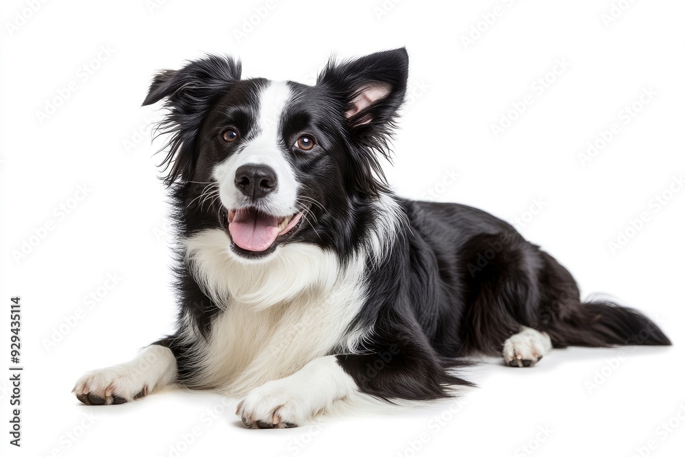 Fototapeta premium Beautiful black and white Border Collie, laying down side ways, mouth slightly open, looking towards camera, isolated on a white background , ai