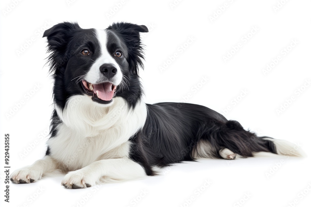 Fototapeta premium Beautiful black and white Border Collie, laying down side ways, mouth slightly open, looking towards camera, isolated on a white background , ai