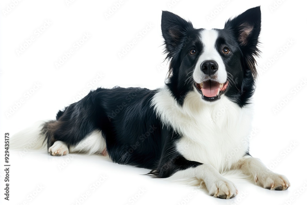 Beautiful black and white Border Collie, laying down side ways, mouth slightly open, looking towards camera, isolated on a white background , ai Beautiful black and white Border Collie, laying down side ways, mouth slightly open, looking towards camera, isolated on a white background , ai
