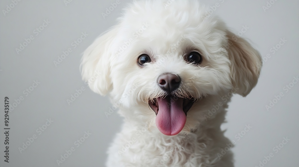 portrait of beautiful bichon puppy with fluffy fur sticking out tongue and looking forward in front of white background in studio : Generative AI portrait of beautiful bichon puppy with fluffy fur sticking out tongue and looking forward in front of white background in studio : Generative AI