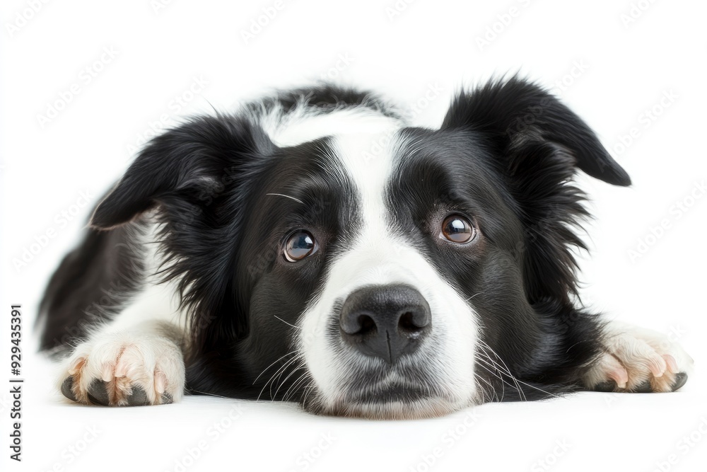 Beautiful black and white Border Collie, laying down side ways, mouth slightly open, looking towards camera, isolated on a white background , ai Beautiful black and white Border Collie, laying down side ways, mouth slightly open, looking towards camera, isolated on a white background , ai