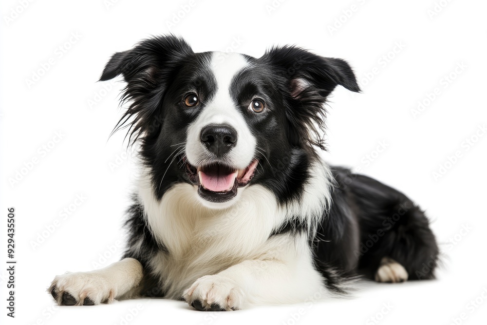 Beautiful black and white Border Collie, laying down side ways, mouth slightly open, looking towards camera, isolated on a white background , ai Beautiful black and white Border Collie, laying down side ways, mouth slightly open, looking towards camera, isolated on a white background , ai
