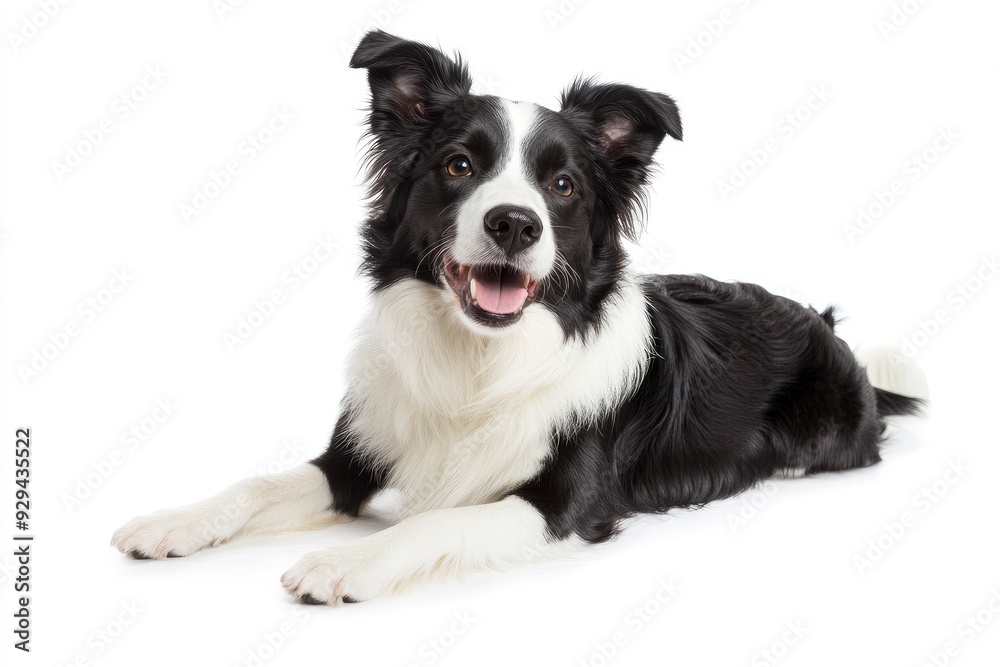 Beautiful black and white Border Collie, laying down side ways, mouth slightly open, looking towards camera, isolated on a white background , ai Beautiful black and white Border Collie, laying down side ways, mouth slightly open, looking towards camera, isolated on a white background , ai