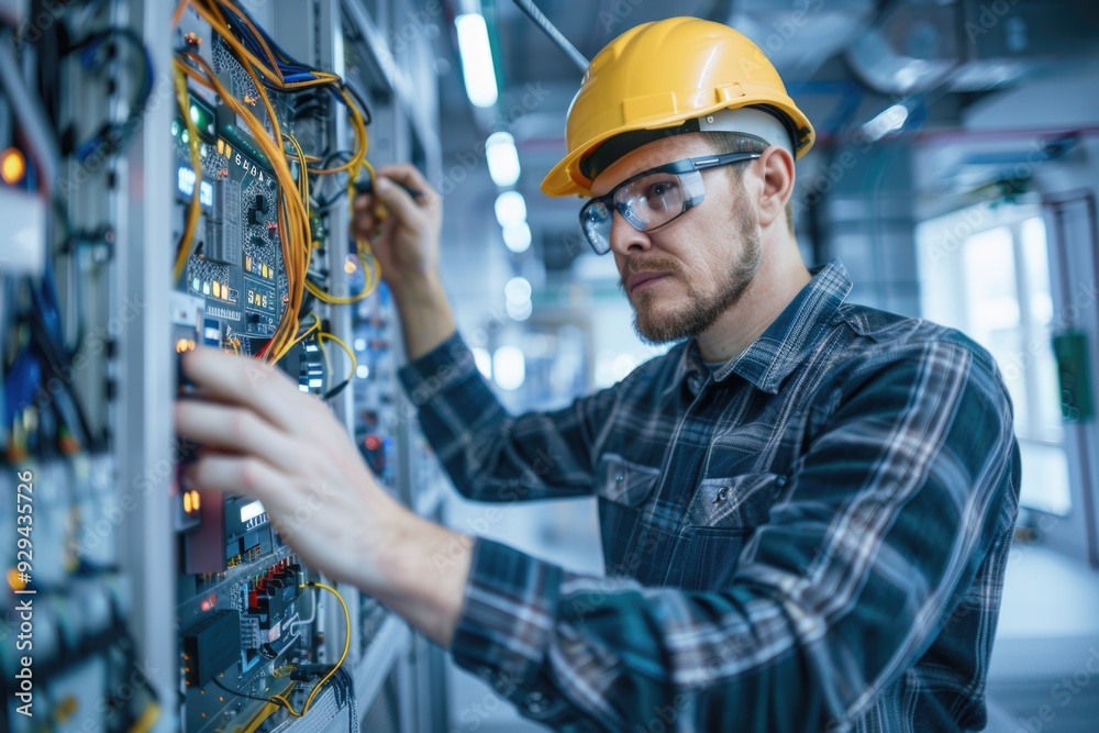 A person in a hard hat checking and maintaining equipment A person in a hard hat checking and maintaining equipment