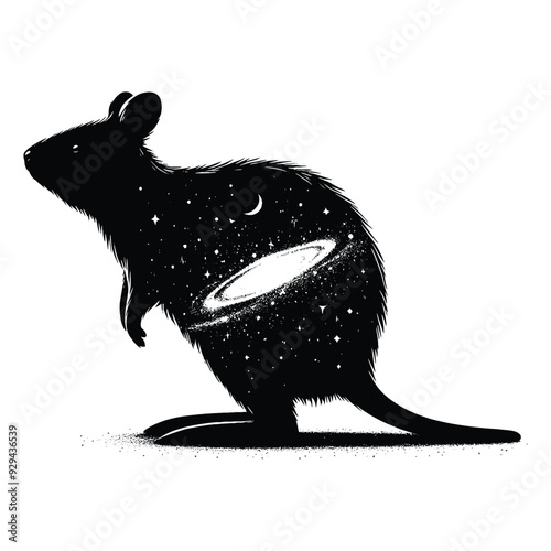 silhouette of Quokka filled with space and sci-fi element in rough drawing,