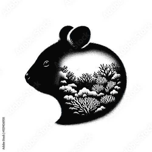 silhouette of Quokka, filled with underwater view with coral in rough drawing,