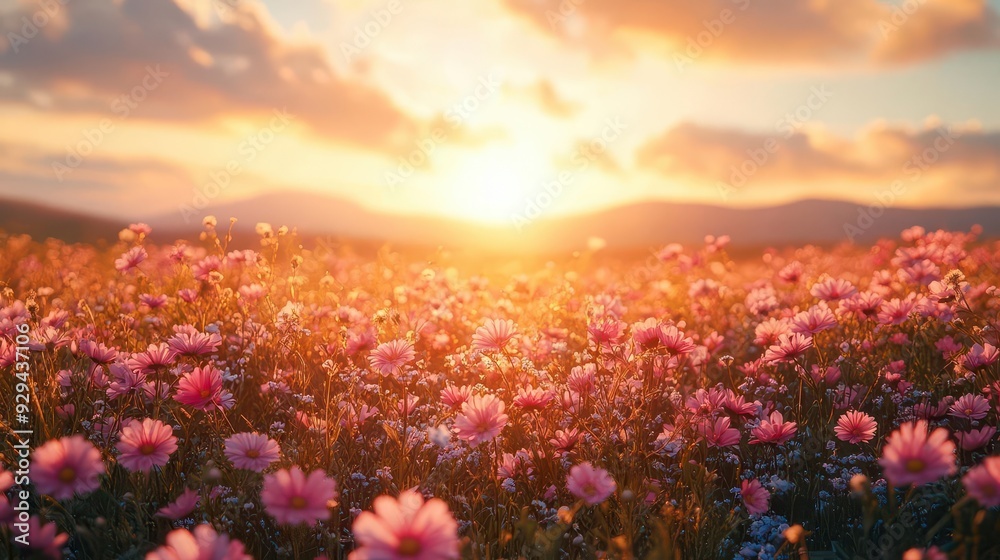 idyllic summer meadow panorama with tall grass and wildflowers golden sunlight rolling hills pastoral beauty vibrant colors serene countryside atmosphere