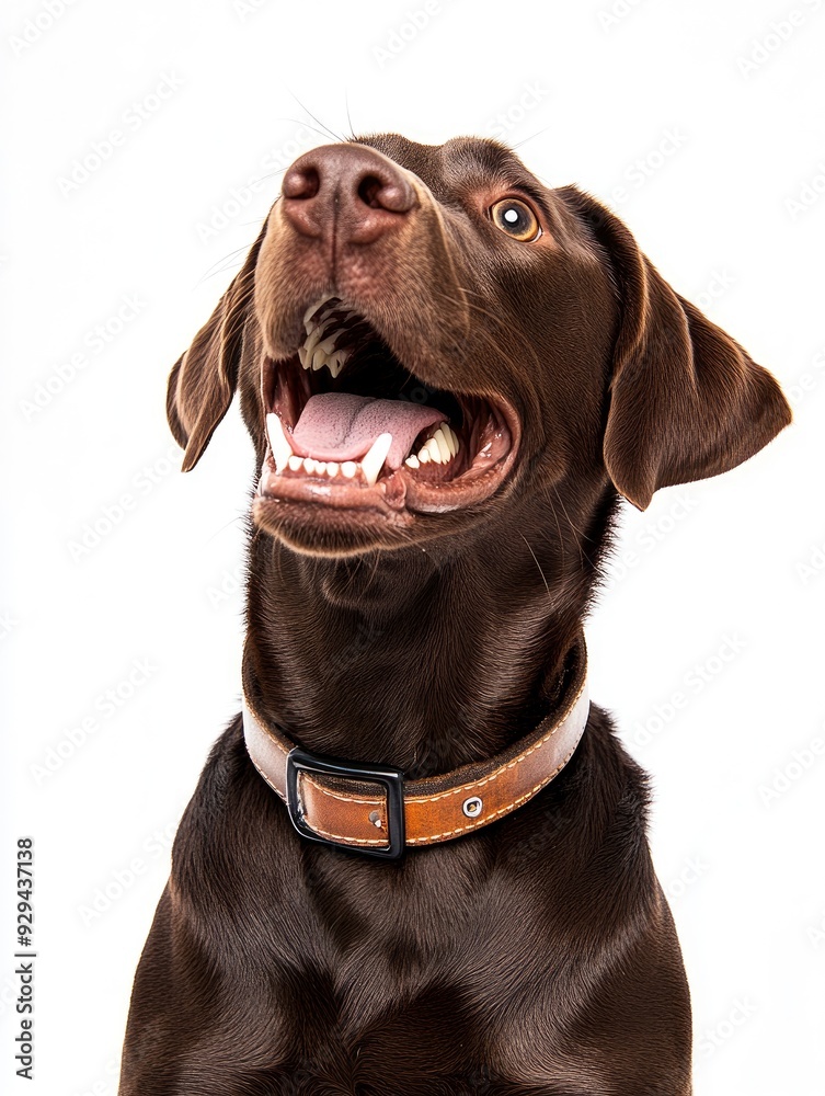 Fototapeta premium Chocolate labrador retriever dog wearing a collar sitting and looking up panting with mouth open , ai